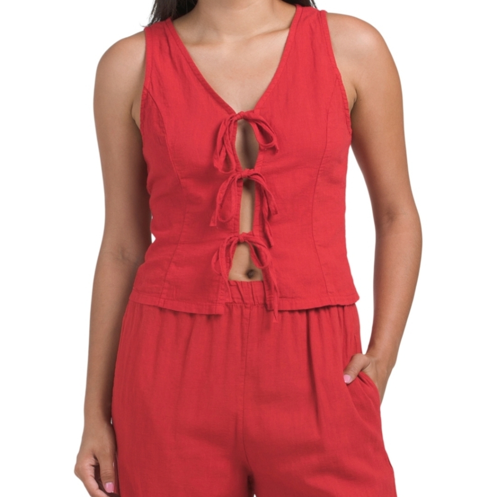 Red Linen Blend Sleeveless Ribbon Top Made In Italy NWT